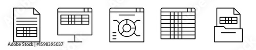 Conjunto de iconos de plantilla. Herramientas de diseño y organización. Hoja estructurada, edición en computadora, avisos, tablas organizativas y gestión de archivos. Ilustración vectorial 