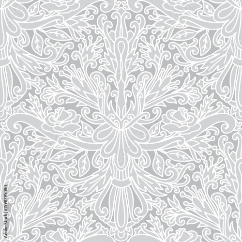 Damask style pattern, boho, abstraction, swirl flowers, grey and white colors. Seamless floral pattern-793.