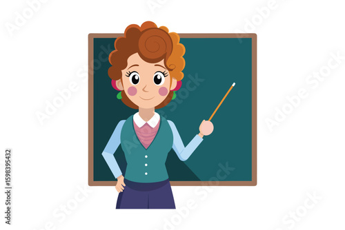Friendly cartoon female teacher with a pointer stick in front of a blackboard isolated on white background silhouette