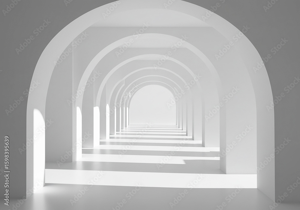 Fototapeta premium Endless white arches corridor perspective with dramatic light and shadow