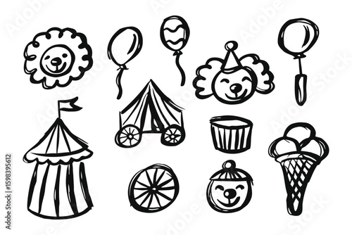 Circus Sketch Elements: A whimsical sketch collection featuring classic circus elements, perfectly capturing the playful atmosphere of the big top and carnival fun.