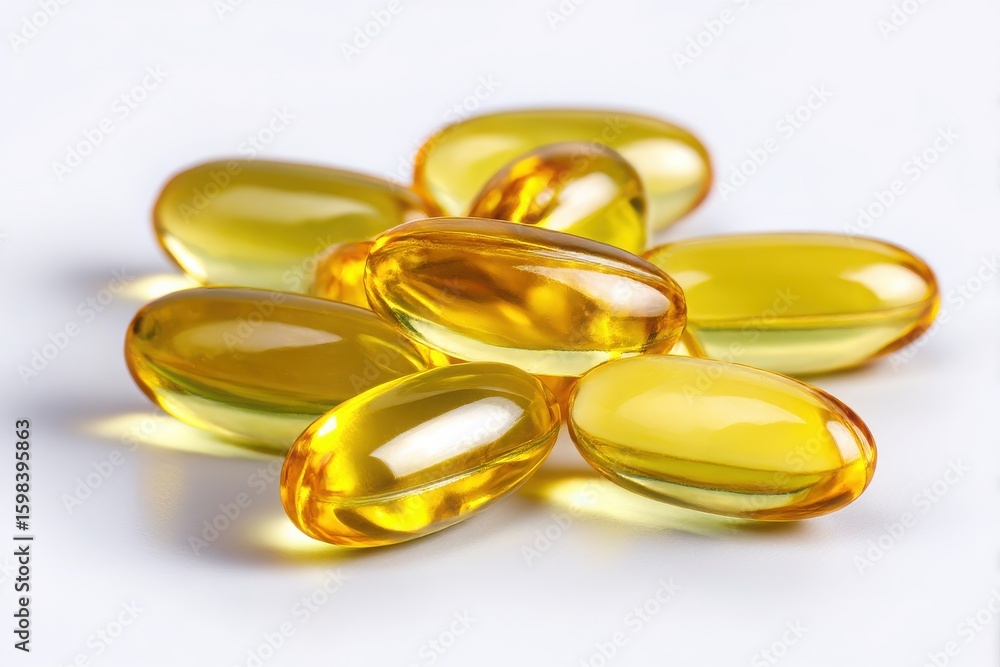 Pile of translucent yellow oval softgel capsules isolated on white background Pile of translucent yellow oval softgel capsules isolated on white background