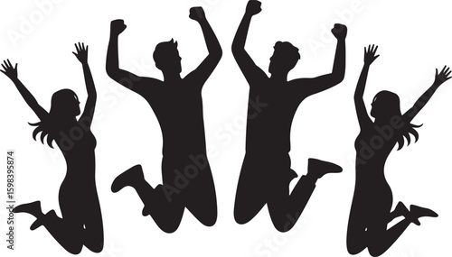 Silhouettes of people jumping with arms raised black white