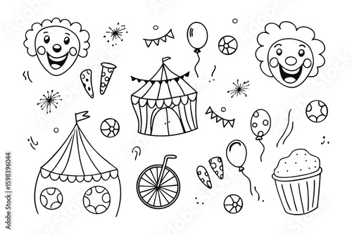Circus Delight Illustration: A whimsical, hand-drawn illustration captures the enchanting world of a circus, featuring essential elements of entertainment and joy.
