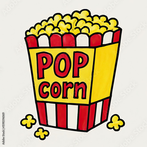 Cartoon-style popcorn box with spilled kernels