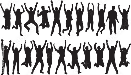 Silhouettes of people jumping with arms raised vector