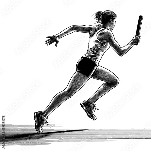 Woman sprinting with baton during relay race against transparent background