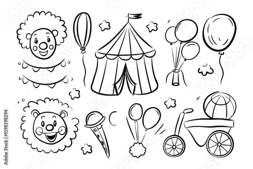 Whimsical Circus Elements: A collection of charming, hand-drawn circus elements, showcasing the joyful essence of the big top and its magical attractions.