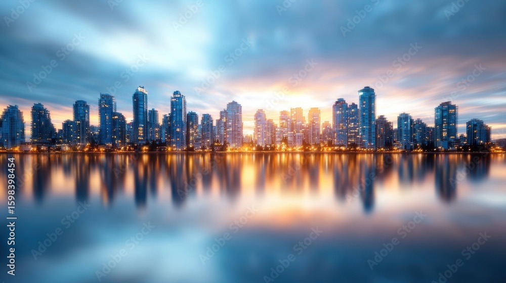 Obraz premium Downtown Bustling downtown cityscape with illuminated skyscrapers reflecting in the river.