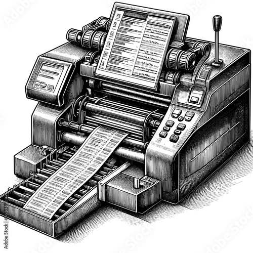Teletype machine in detailed illustration in black-and-white for data processing