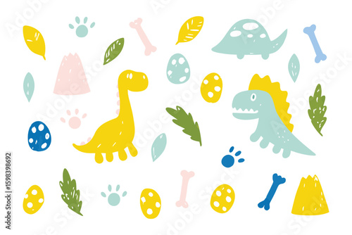 Dinosaur Illustrations: Whimsical illustrations of various dinosaurs, along with related elements, offer a playful and educational insight into the prehistoric world.