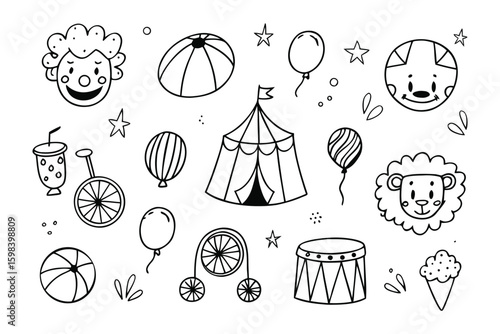 Circus Fun Fair Doodle: A collection of whimsical, hand-drawn circus elements, including a tent, balloons, playful animals, and a unicycle.  Illustrating the magic of the carnival in a unique style.