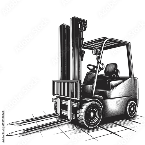 Forklift illustration in black and white used for lifting