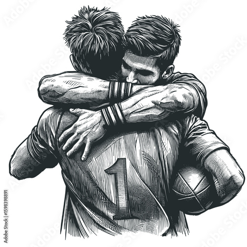 Two people hugging tightly in detailed black and white sketch