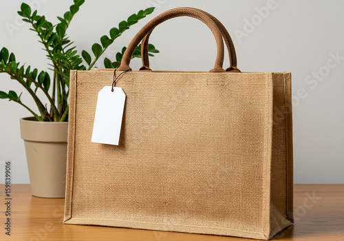 Natural jute shopping bag with white tag and green plant