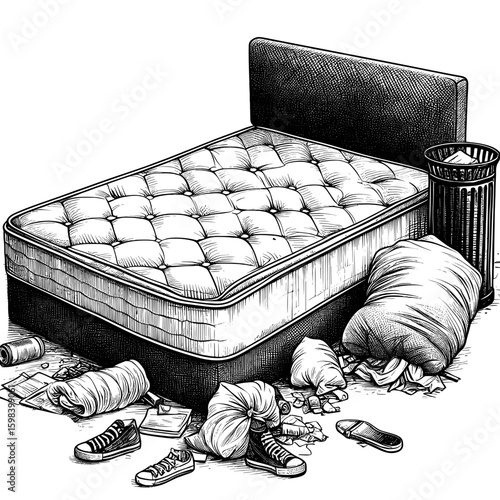 Cluttered bedroom with mattress in black-and-white sketch representing messiness