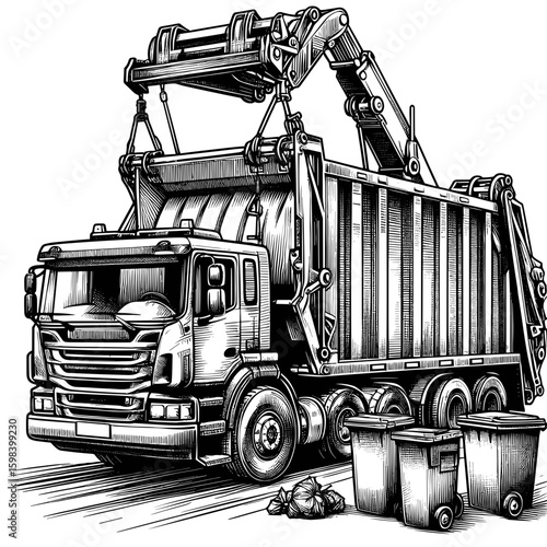 Garbage truck illustration in black-and-white style for waste management