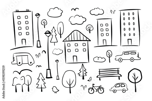 Urban Doodle Collection: A collection of whimsical doodles showcasing urban elements, inviting creativity and illustrating the essence of city life with playful simplicity.
