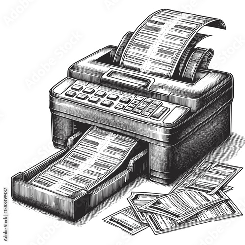 Printer printing text in black-and-white illustration style for documents