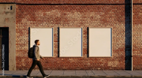 Man Walking Past Blank Billboards on Brick Wall City Street