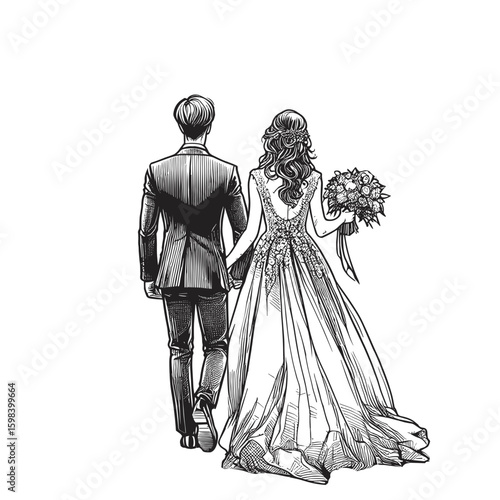 Bride and groom walking together holding hands