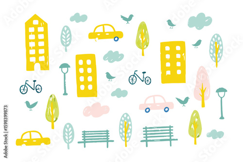 Cityscape Illustration: A charming, hand-drawn illustration depicting a city with buildings, cars, trees, clouds, and birds, evoking a sense of urban life and nature's harmony.