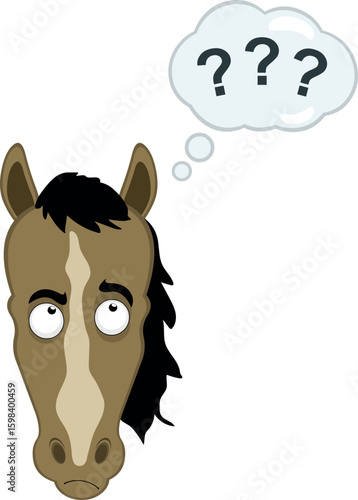 vector illustration character face horse cartoon, with a doubtful or thinking expression and a thought cloud with question marks