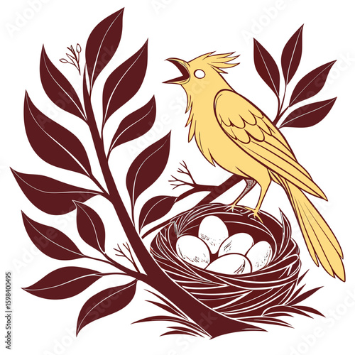 Gold Bird and White Eggs Nestled Among Dark Red Leaves