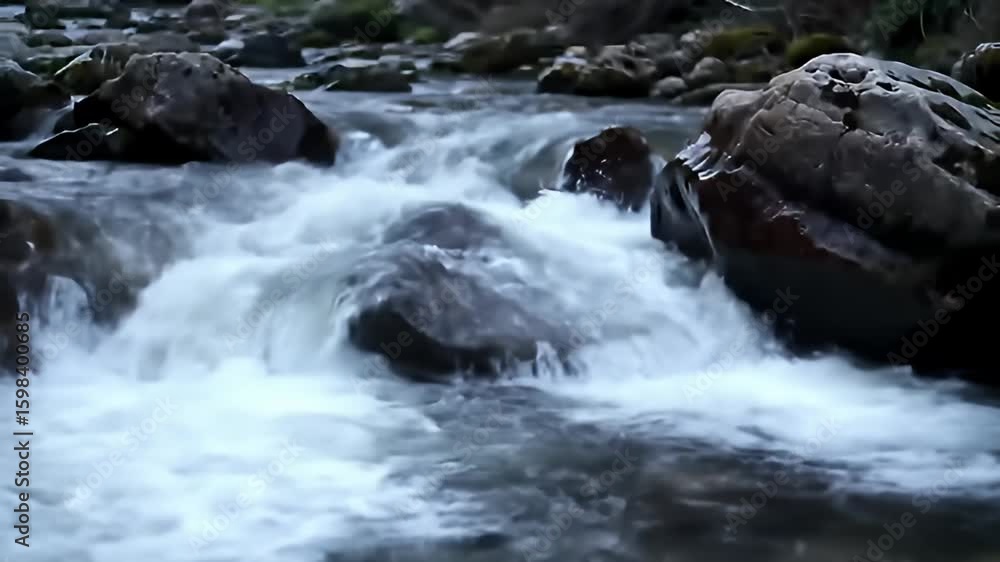 Whitewater rushes over rocks in a small, shallow riverbed with a blurred background Whitewater rushes over rocks in a small, shallow riverbed with a blurred background