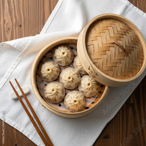 Steaming Hot Xiao Long Bao: A Delicious Culinary Treat, A Woven Basket of Soup Dumplings on a Wooden Table with Chopsticks