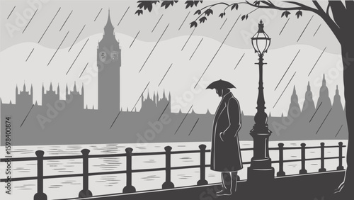 London rainy day scene with big ben silhouette and man with umbrella vector illustration graphic design