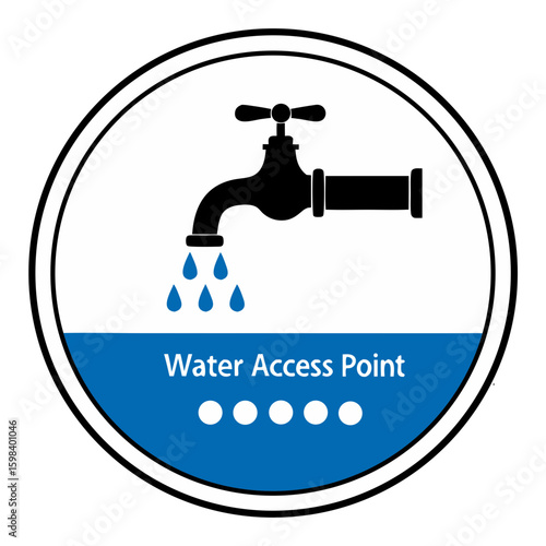Icon of a water access point with faucet and droplets in a blue circular design