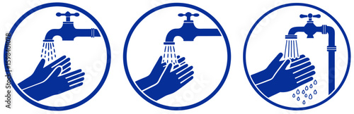 Set of icons depicting hands washing under water taps in blue circles