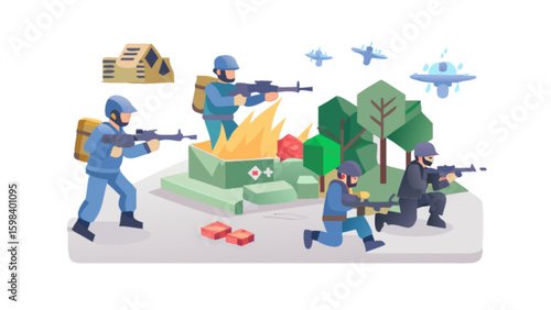 Illustration of soldiers in combat against ufos with fire and buildings in a war zone setting