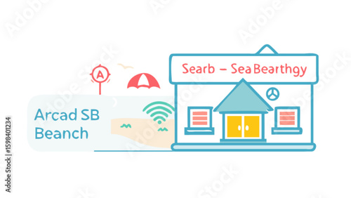 Arcad sb branch seabearthgy bank building location near beach with wifi and umbrella vector design
