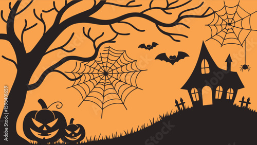 Halloween haunted house spooky scene with pumpkins bats and spider webs vector illustration design for prints