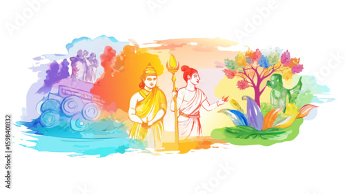 Watercolor illustration of ramayana characters and scenes for hindu religious festival celebration