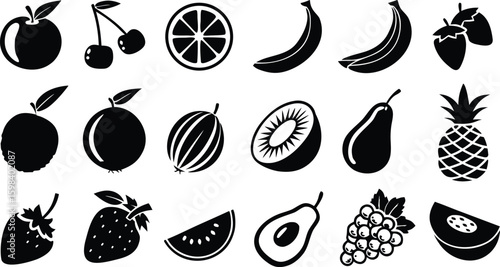 Black and White Fruit Icons Fresh Harvest of Nature's Bounty Delicious and Nutritious
