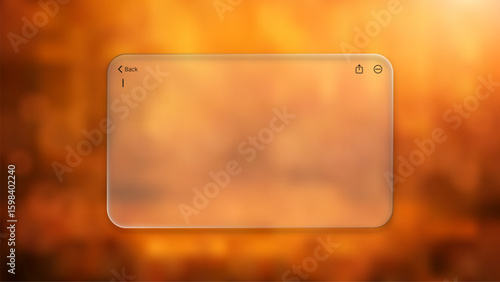 Transparent glass user interface with back button and ellipsis on blurred autumn background liquid glass effect. Modern design