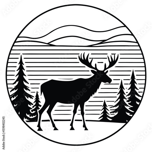 Circular graphic illustration of a moose standing before a pine tree