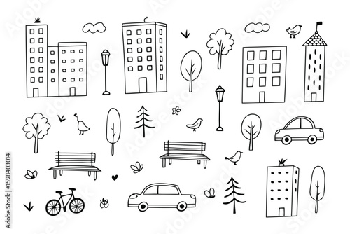 City Doodle Collection: A charming hand-drawn illustration showcases a collection of buildings, trees, and urban elements in a clean, illustrative style, evoking a sense of simplicity and urban charm.