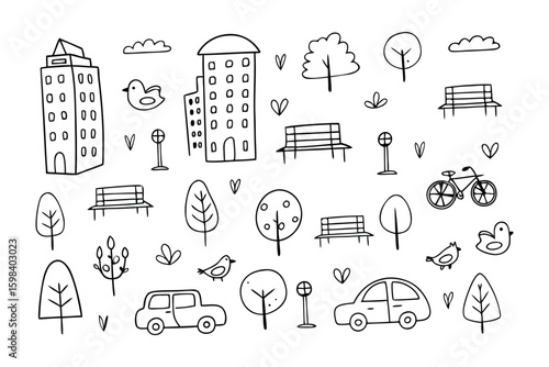 Doodle City Scene: A charming illustration of a city scene, featuring buildings, trees, birds, cars, bicycle and benches, rendered in a simple and delightful doodle style.