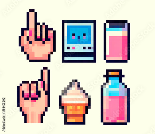 Vector illustration in pixel art style shows raised hands, retro gadgets, and drinks. Bright pink, blue, and beige tones create a nostalgic, playful vibe with blocky, geometric shapes.
