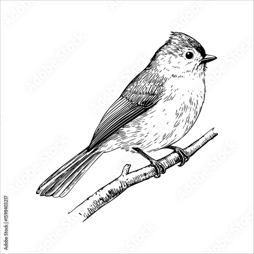 A detailed illustration of a small bird perched on a branch. The bird has a round body, short tail, and distinct markings on its head and wings.