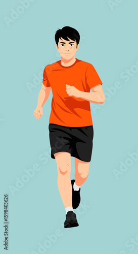 Animated man in orange shirt and black shorts running forward.