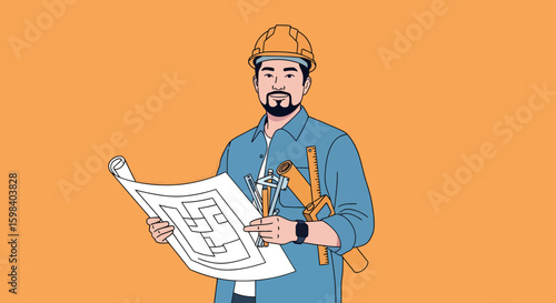 Architect with Blueprint and Tools Detailed Construction Plan Inspection.