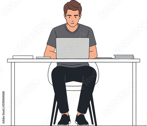 Cartoon man working on laptop at desk with books and papers.
