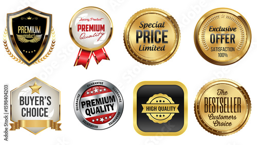 Luxury Badges Featuring Premium, Best Seller, and Quality Guarantee Labels : Elegant gold and red seals displaying premium quality, best product, best price, and guaranteed 