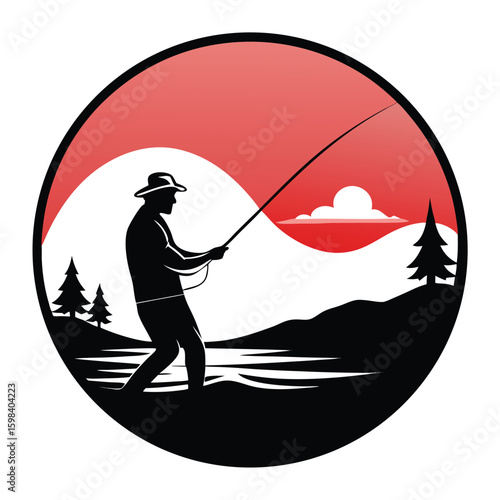 Vintage fisherman casting a fishing line into a serene lake at sunrise
