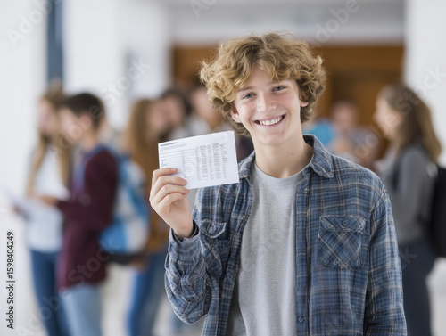 Cheerful student holds report card, radiating pride and accomplishment. This is significant moment for this young boy